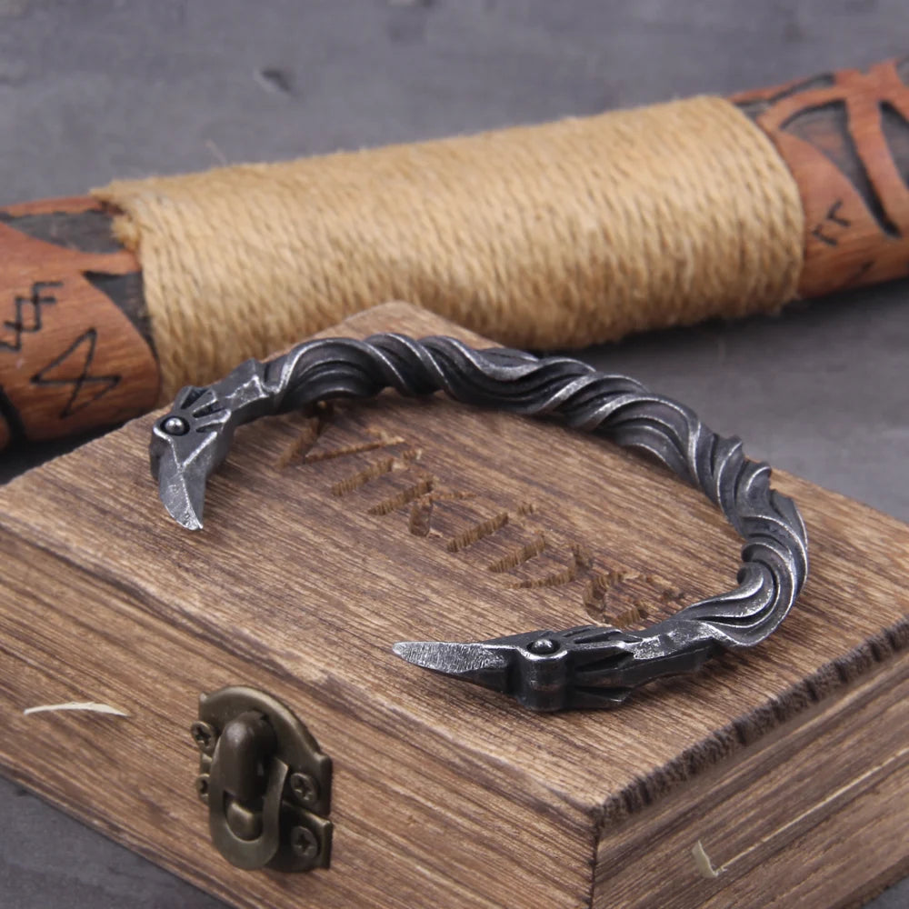 Stainless Steel Nordic Viking Norse Raven Bracelet Men Wristband Cuff Bracelets with viking wooden box