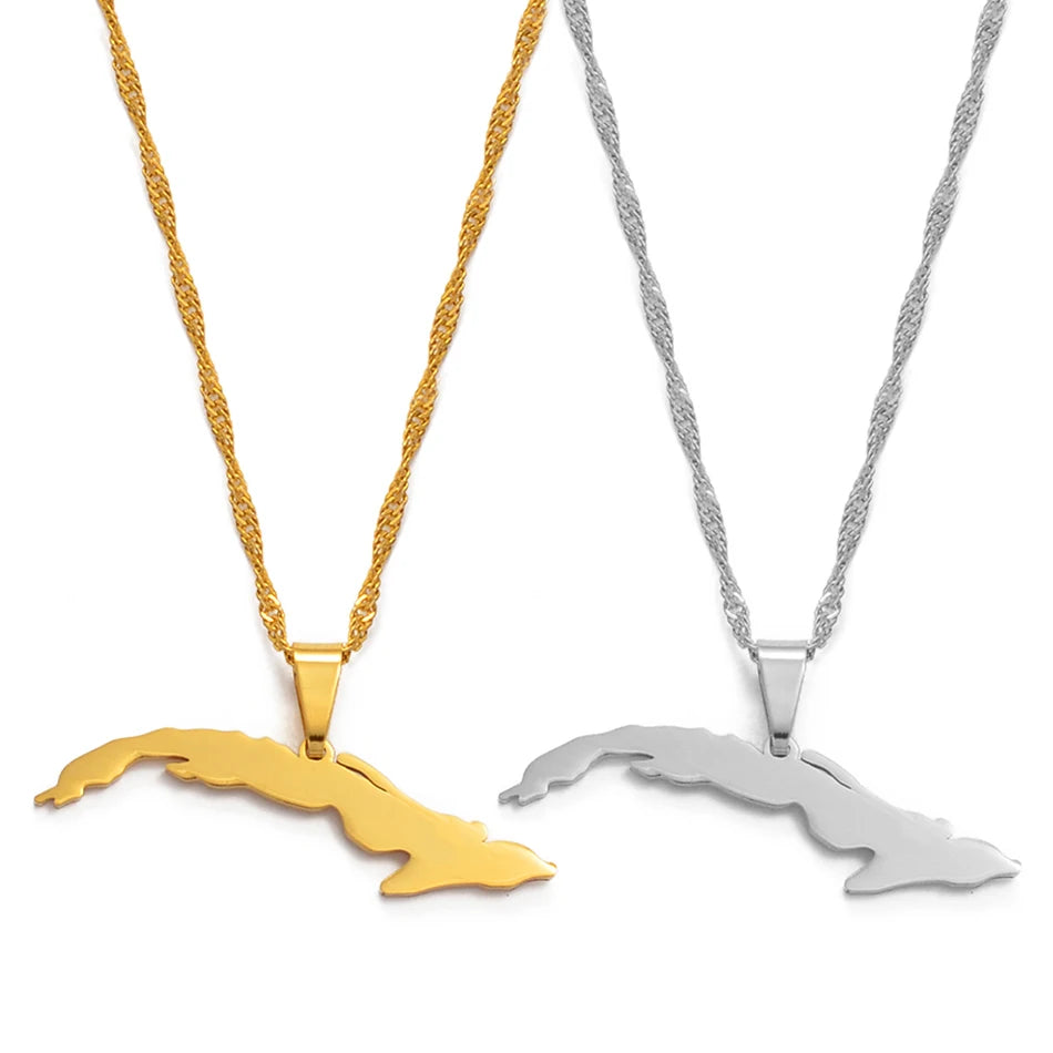 Anniyo 3.6cm Cuba Map Necklaces for Women,Map of Cuba Charm Pendant Silver Color/Gold Color Jewelry With Thin Chain #007121