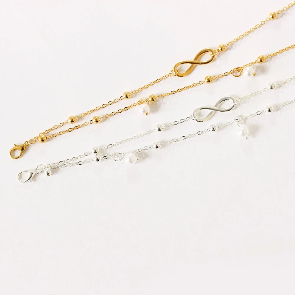 SUMENG Retro Pearl Heart Infinity Double-Deck Anklet Bracelet Set  For Women Fashion Bohemia Foot Beach Anklets Chain Jewelry