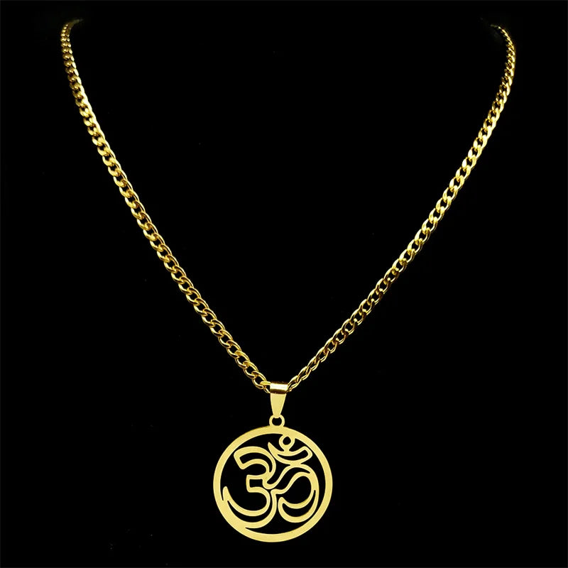 Yoga Lotus Om Symbol Pendant Necklace for Women Men Stainless Steel Gold Color Male Chain Buddhist Jewelry collar 8415-QKC