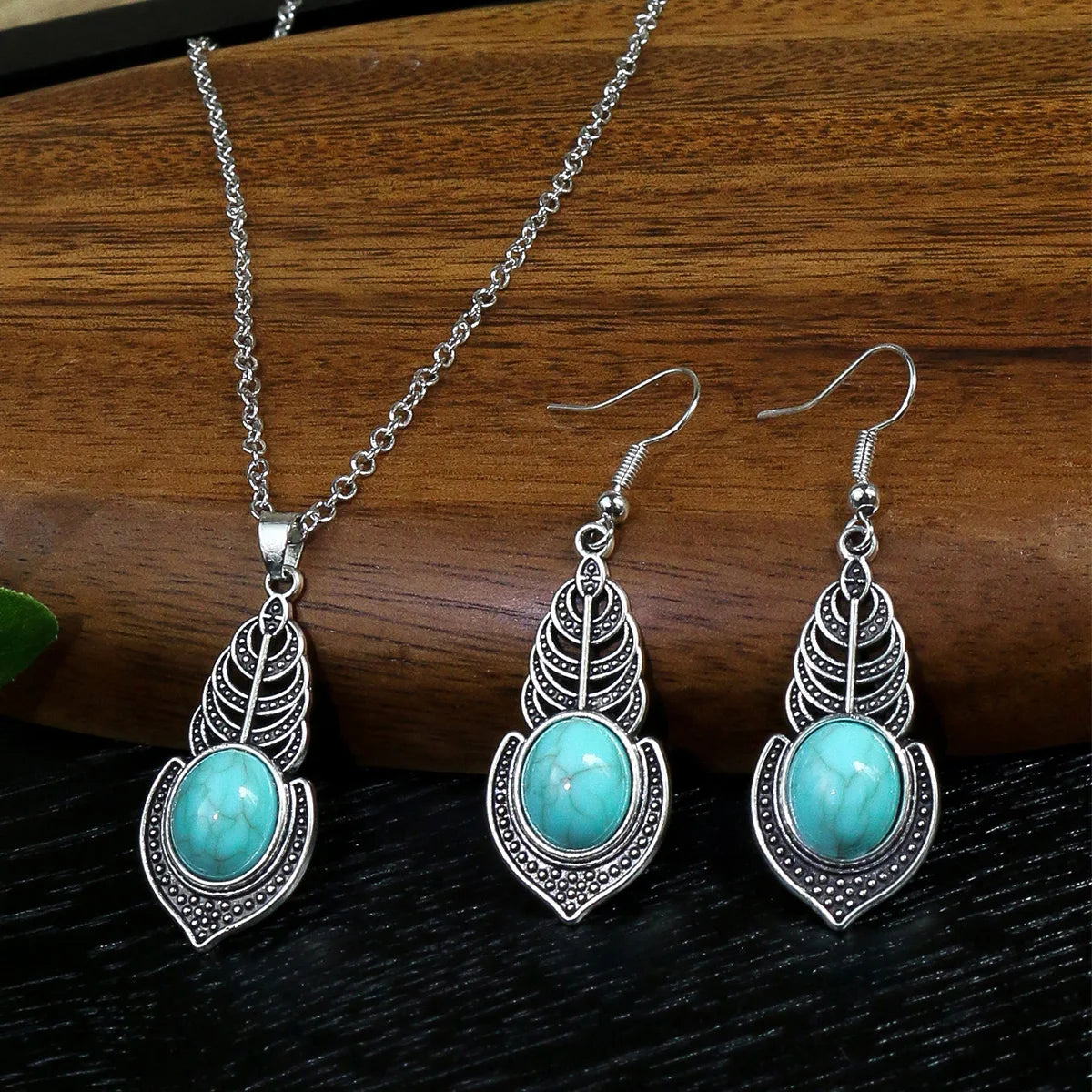 Vintage national imitation Turquoise women's earring necklace set antique silver plated alloy green earring necklace