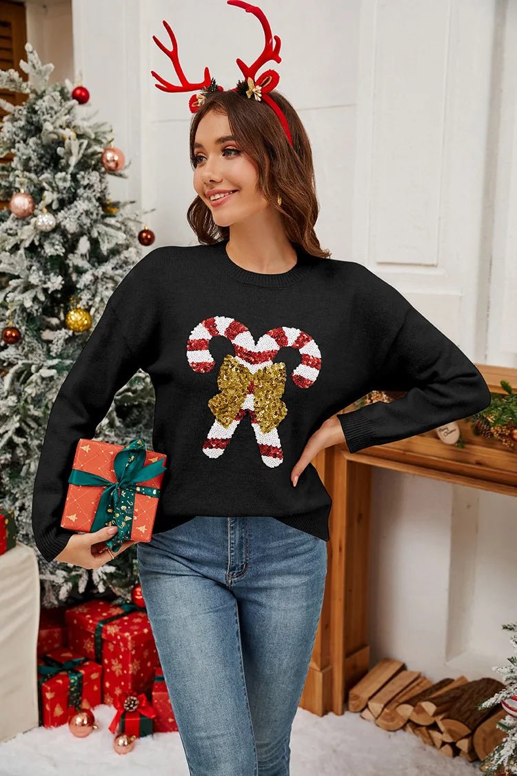 Sweater 2025 Autumn/Winter New Product Christmas Cane Bow Glitter Women's Fashion Round Neck Hooded Long Sleeve Knitted Sweater