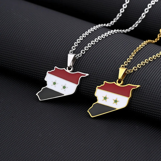 2024 New fashion stainless steel Syria map and flag necklace men's and women's temperament matching couple sweater chain accesso