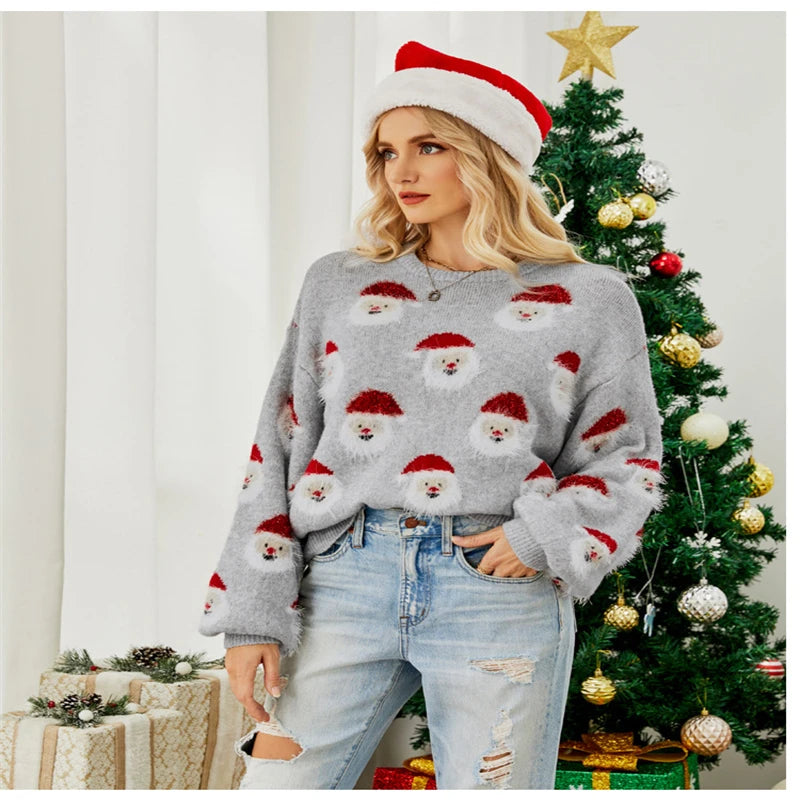 2024 Autumn and Winter New Christmas Outfit Old Man's Head Knitted Sweater European and American Women's Pullover Christmas