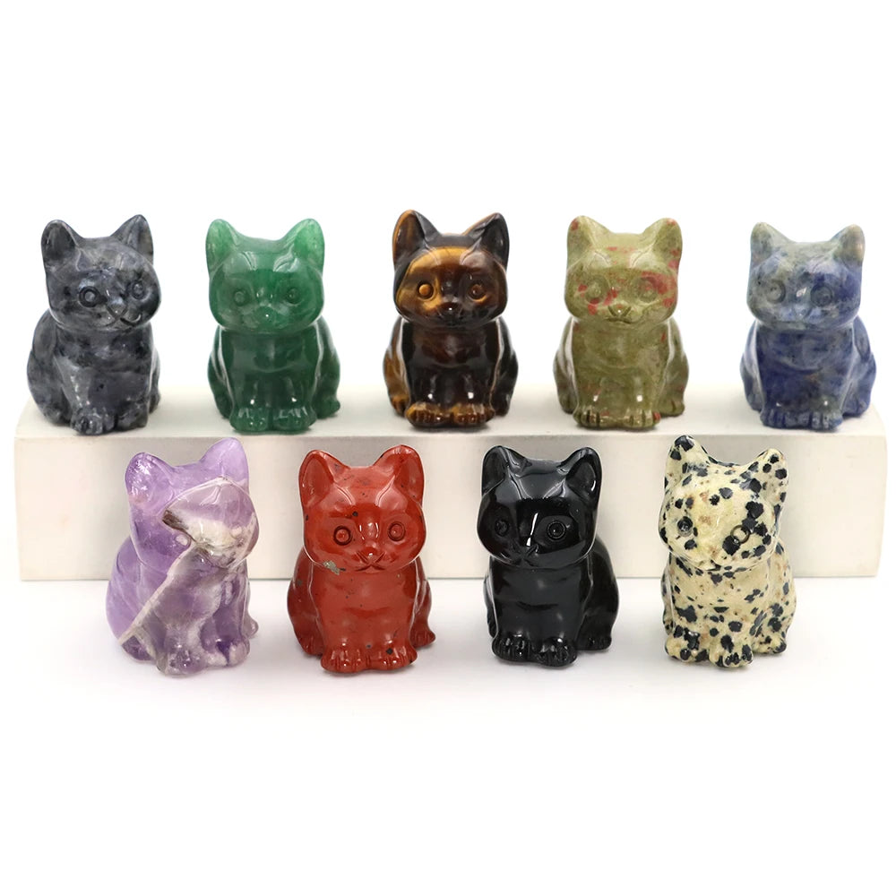 1.5" Cat Figurine Natural Stone Crystal Hand-carved Crystal Animal Statue Chakra Gem DIY Animal Handicrafts Artworks Home Decor
