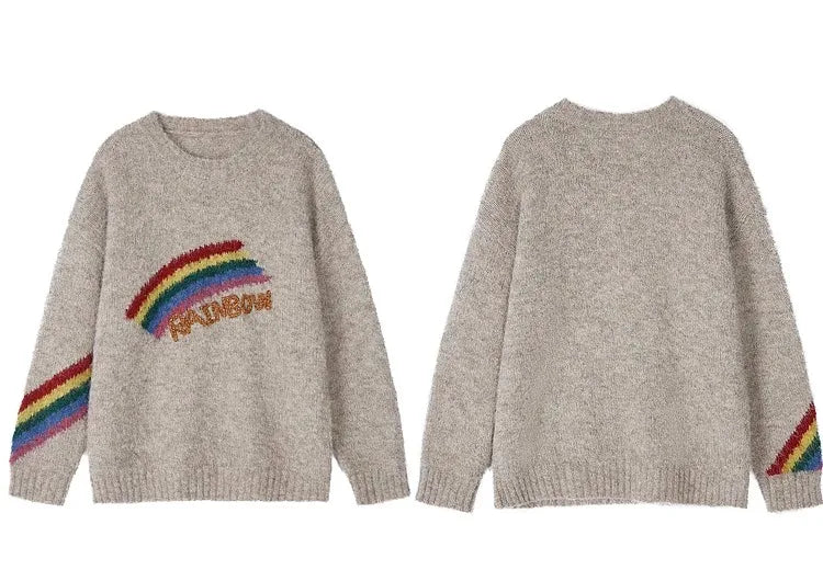 2024 New In Autumn Winter Christmas Rainbow Khaki Pullover Sweater For Women Knitwear Long Sleeves Warm Loose Top Clothes