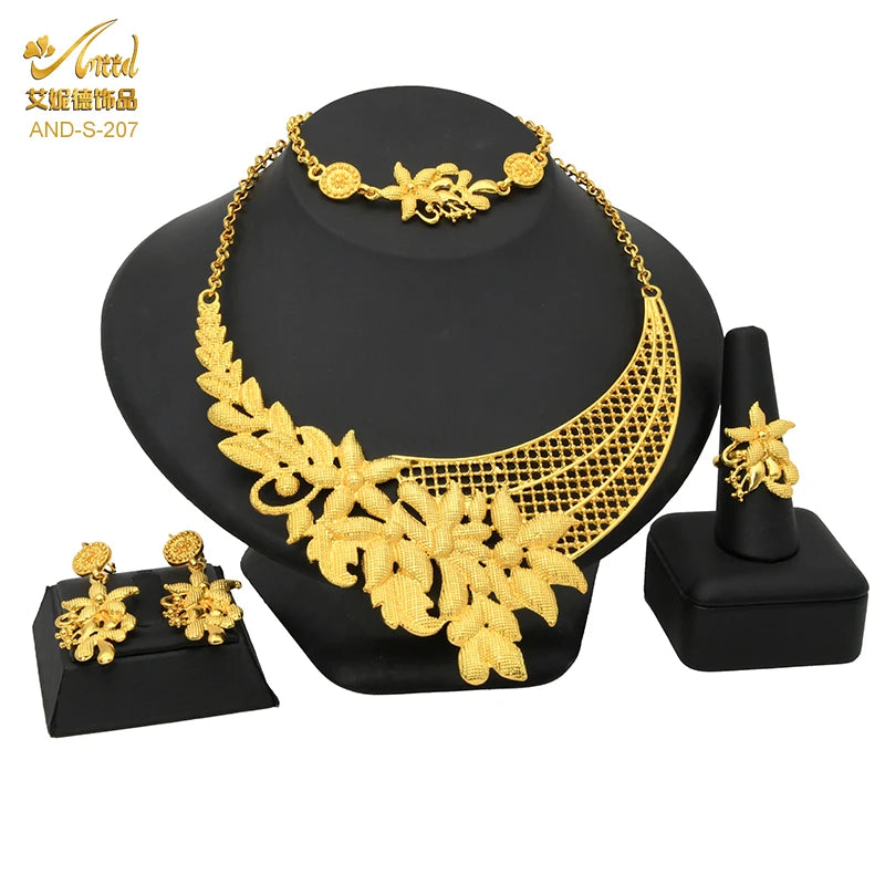 Luxury Indian Dubai Irregular Necklace And Earrings Jewelry Sets For Women Ethiopian Bridal 24k Gold Color Set Wedding