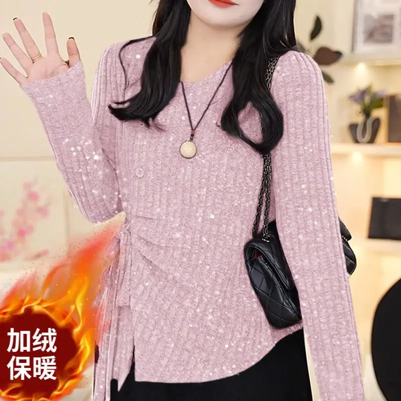 Temperament Waist-hugging and Fleece Tied Shoulder Sweater Keeps Warm in Autumn and Winter Irregular Sequins Fashionable
