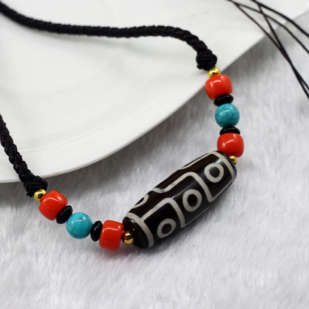 Tibetan Buddhism 9 Eyed Celestial Bead Necklace Healing Amulet Jewelry Ethnic Style Agate Dzi Beads Pendant Sweater Rope Chain