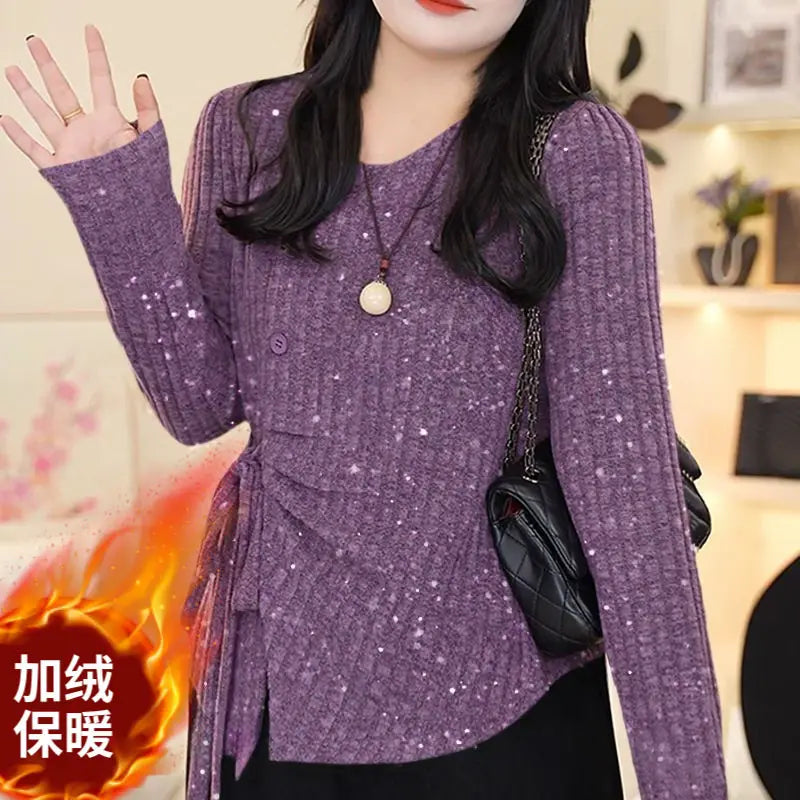Temperament Waist-hugging and Fleece Tied Shoulder Sweater Keeps Warm in Autumn and Winter Irregular Sequins Fashionable