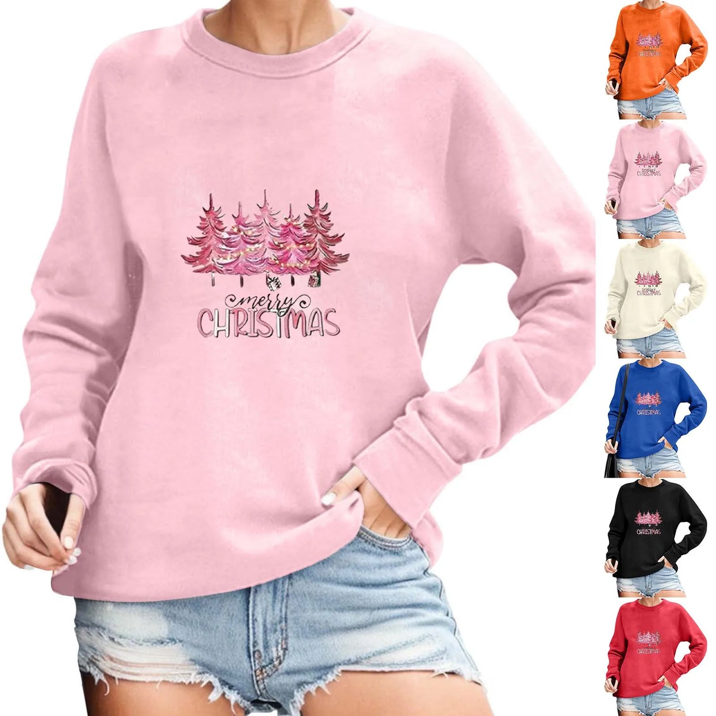 2024 Christmas Pullover Sweater Women's Winter Long Sleeve O-Neck Pullover Sweatshirts Funny Xmas Tree Print Graphic Sweater