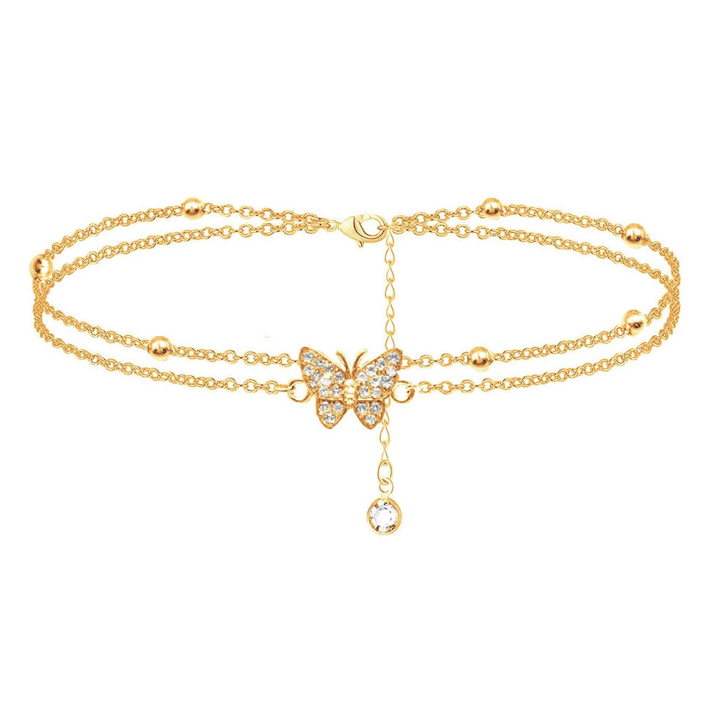Women's Charm Metal Pearl Anklet Golden Multilayer Foot Chain Bohemia Fashion Rhinestone Ankle Bracelet Beach Jewelry Accessory