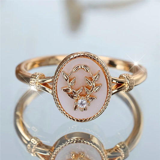 Trendy Female White Enamel Stone Oval Leaf Plant Ring Vintage Gold Silver Color Rings For Women Wedding Jewelry Gift