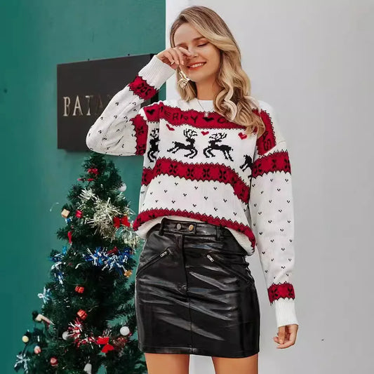 2025 Christmas Women's Reindeer Knit Sweater 2023 Cozy Pullover Holiday Xmas Party Tunic Summer O Neck Pullover T-Shirts Jumpers