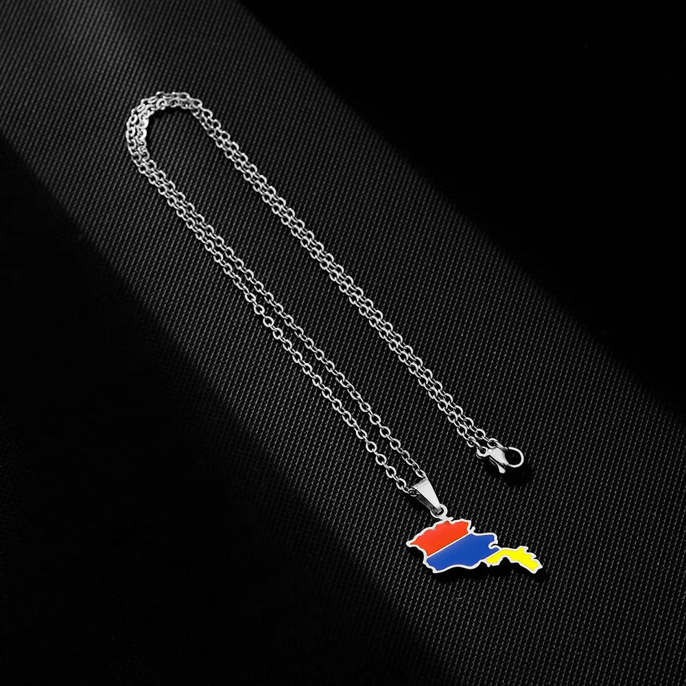 2024 New fashion stainless steel Armenian map flag necklace women's all-matching metal sweater chain niche accessories