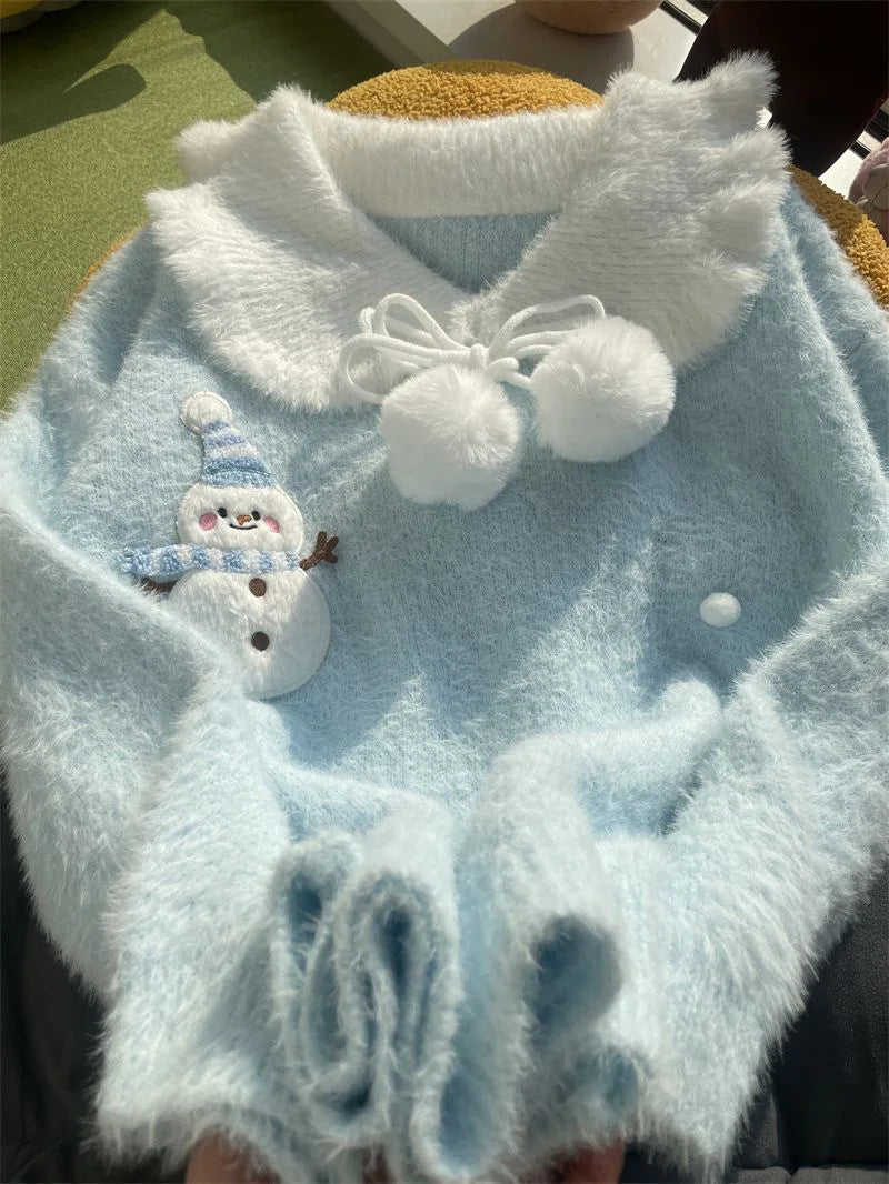 Sweet Faux Mink Cashmere Sweaters Women Kawaii Snowmen Long Sleeve Knitted Pullover Casual Cute Preppy Style Chic Loose Jumpers