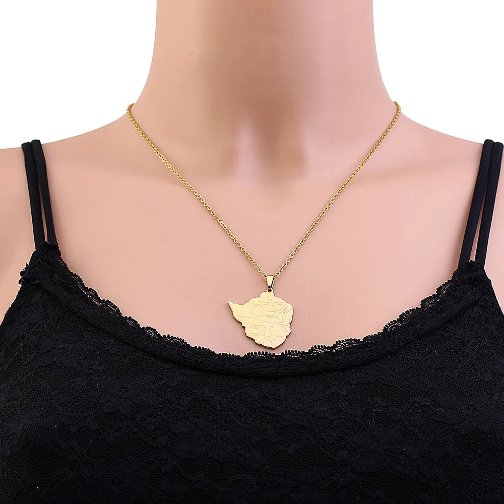 2024 new fashion stainless steel Zimbabwe city with map pendant necklace temperament everything collarbone chain birthday annive