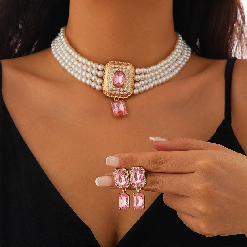 1Set Luxury Multilayer Imitation Pearl Necklace Earrings For Women Girls Temperament Jewelry Bridal Rhinestone Wedding Jewelry