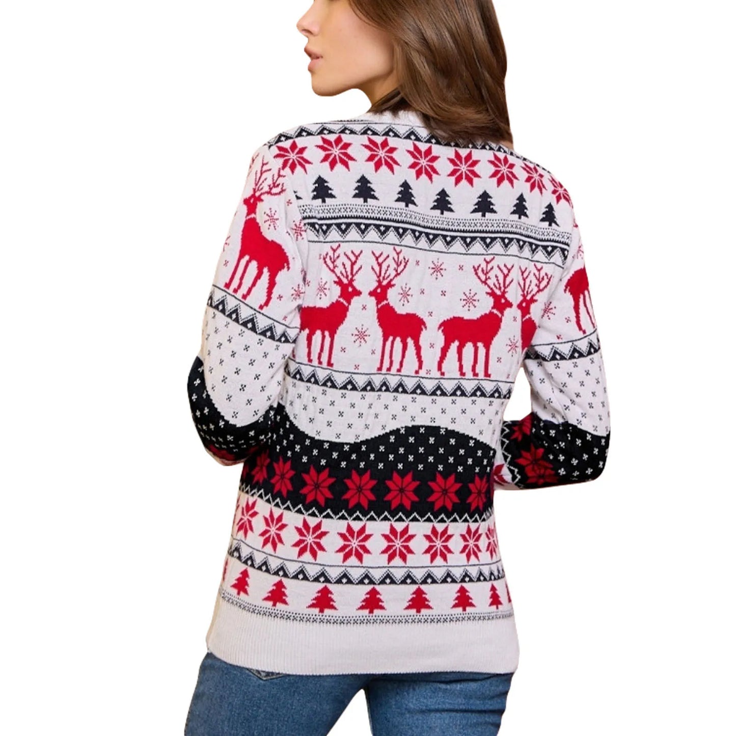 Unisex Christmas Sweater Winter Couple Women Man Long Sleeve Round Neck Reindeer Pattern Classic Fit Knitted Pullovers