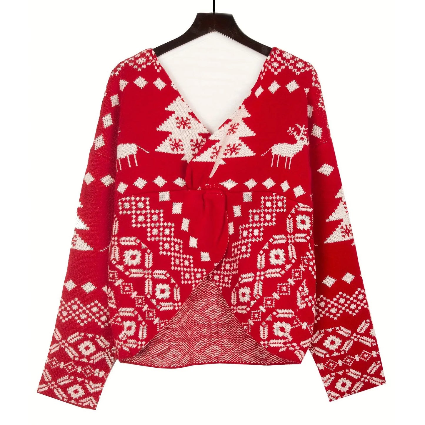 Women Knitwear Christmas Sweater Low Back Wrapped Knot Sexy Oversized Jumper Deep V-Neck Off Shoulder Hot Red Pullover Tops