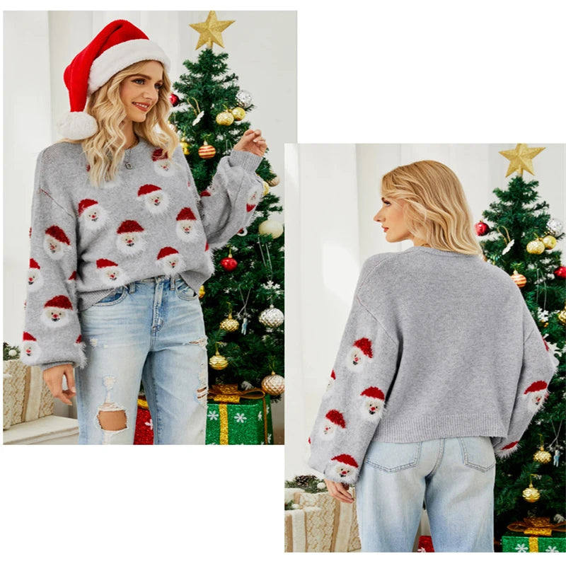 2024 Autumn and Winter New Christmas Outfit Old Man's Head Knitted Sweater European and American Women's Pullover Christmas