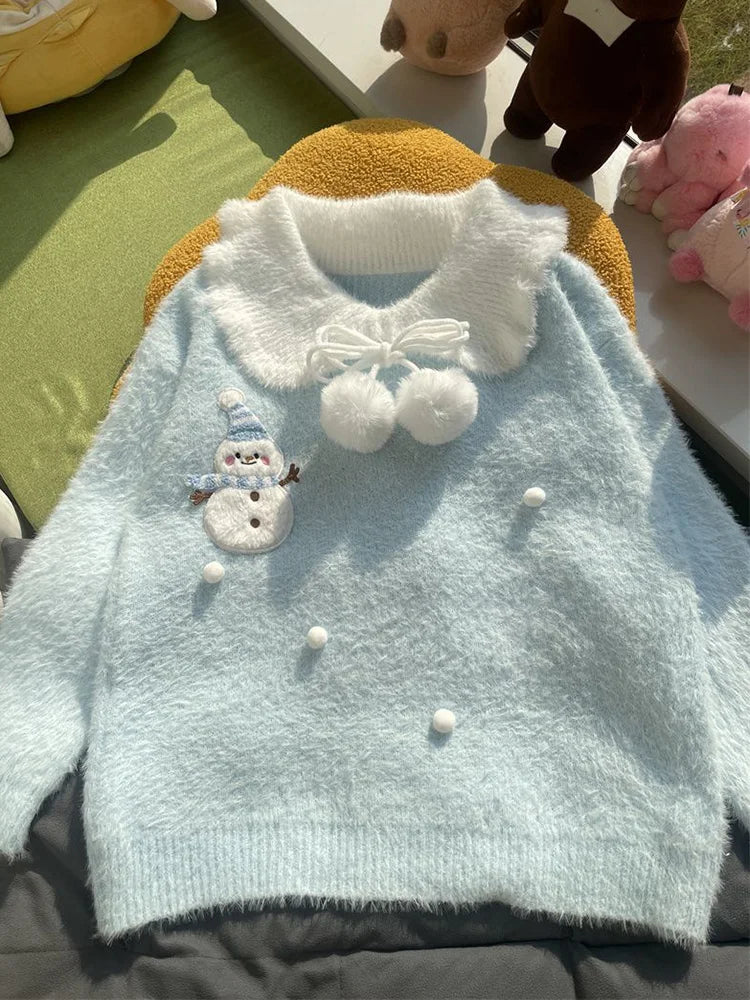 Sweet Faux Mink Cashmere Sweaters Women Kawaii Snowmen Long Sleeve Knitted Pullover Casual Cute Preppy Style Chic Loose Jumpers