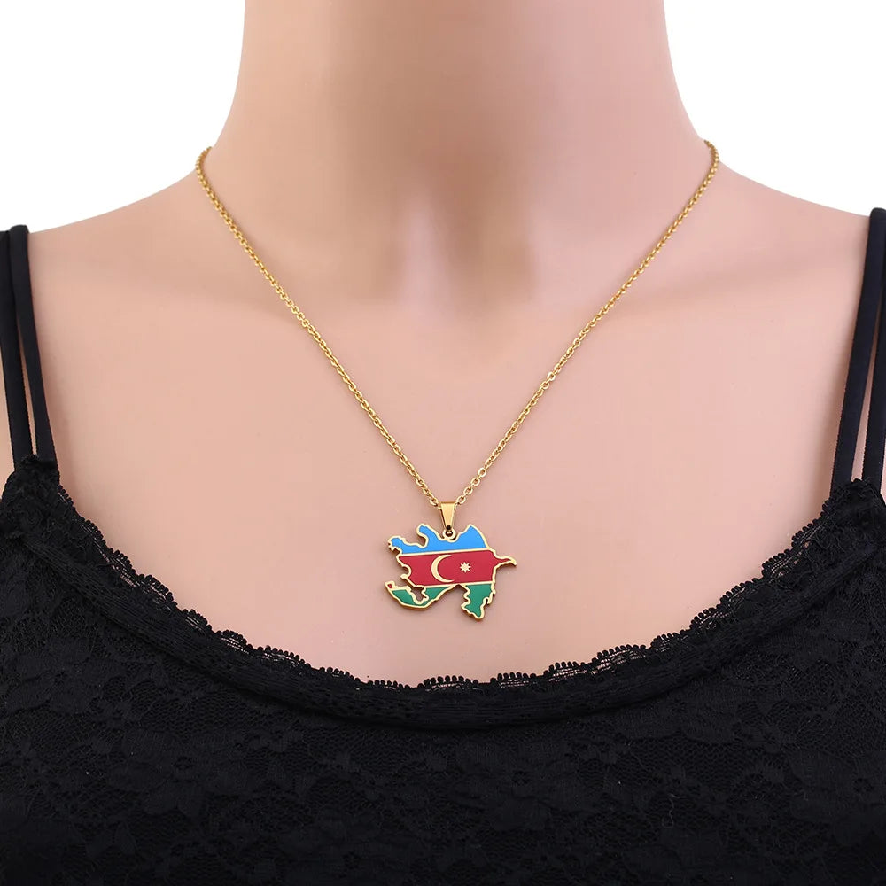 2024 new fashion stainless just Azerbaijan map with flag pendant necklace temperament everything collarbone chain birthday anniv