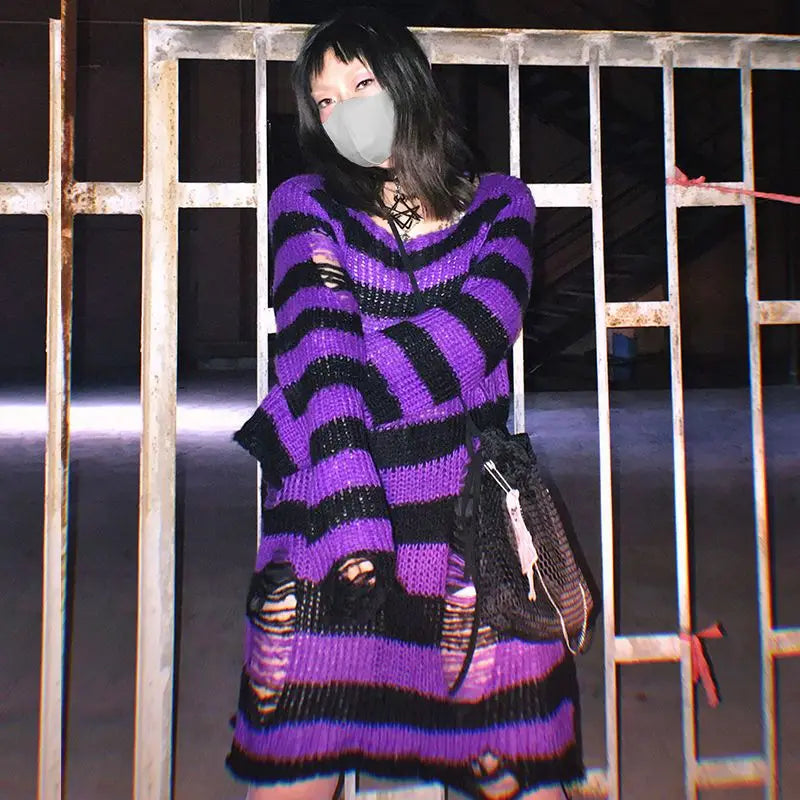 2024 Purple Striped Gothic Sweaters Women Ripped Holes Loose Knitted Pullover Frayed Fairy Grunge Jumpers Emo Streetwear Lolita