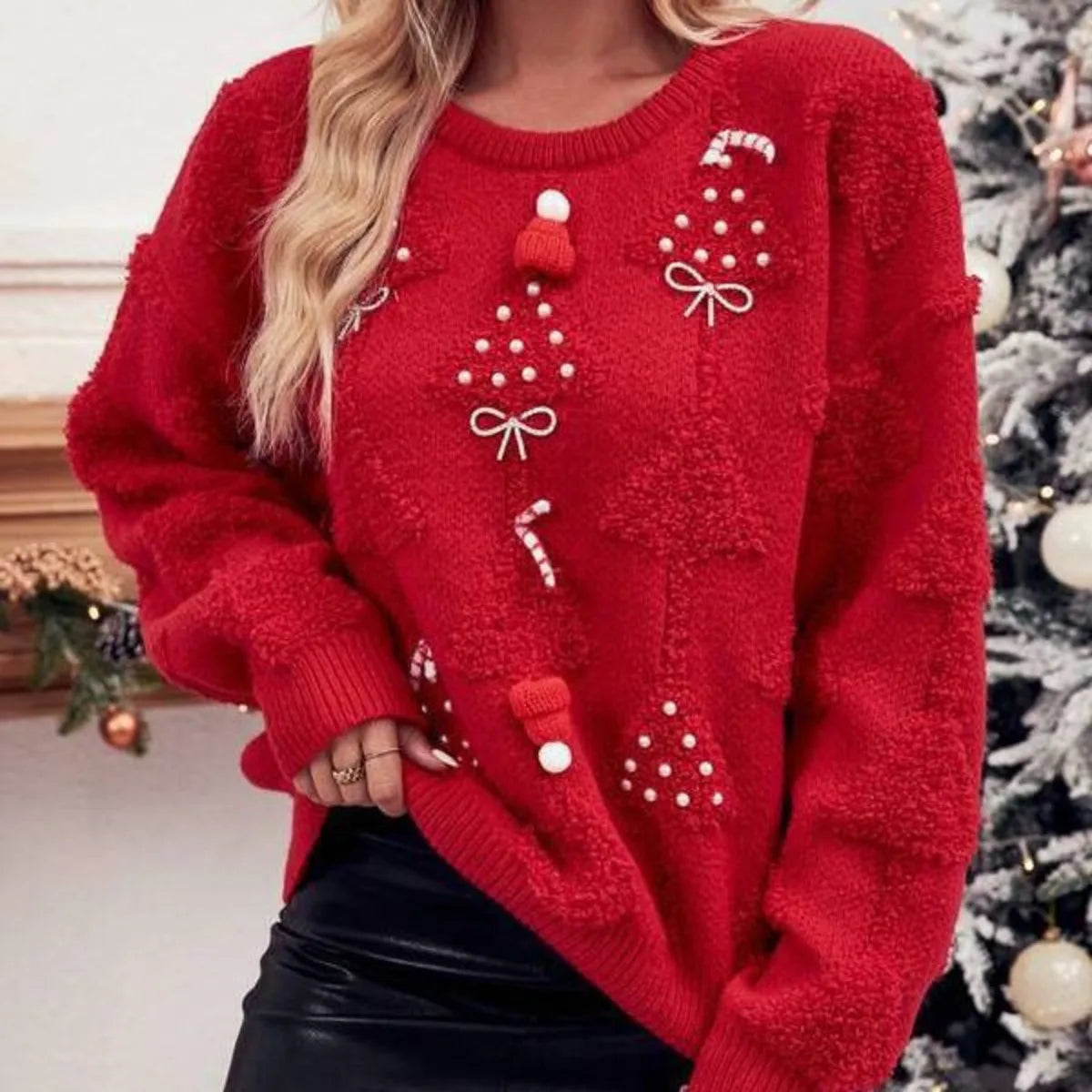 Sueter Mujer 2024 Korean Casual Christmas Ladies Sweater O Neck Spliced Long Sleeves Knitwear Chic Streetwear Pullover X877