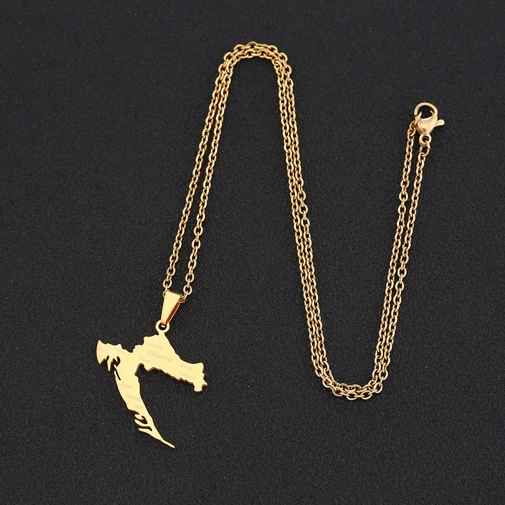 2024 New fashion stainless steel Croatia map and city necklace men's and women's geometric ethnic style collarbone chain anniver