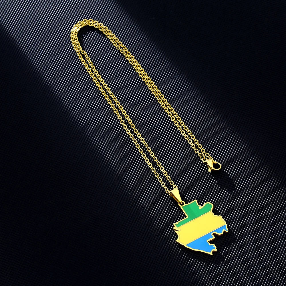 2024 new fashion stainless Gabon map flag pendant necklace temperament everything collarbone chain birthday anniversary gift