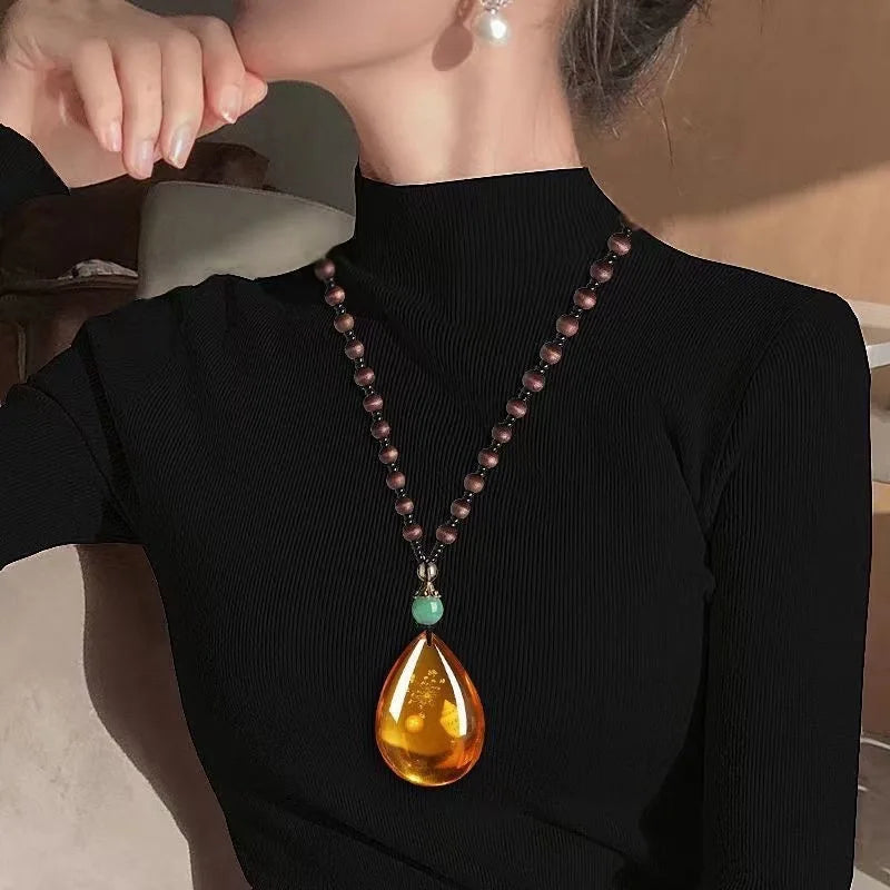 1pcs Imitation Amber Brine Beeswax Beads Necklace Honey Wax Brazilian Amber Necklace Handicraft National Style Pendant Ornaments