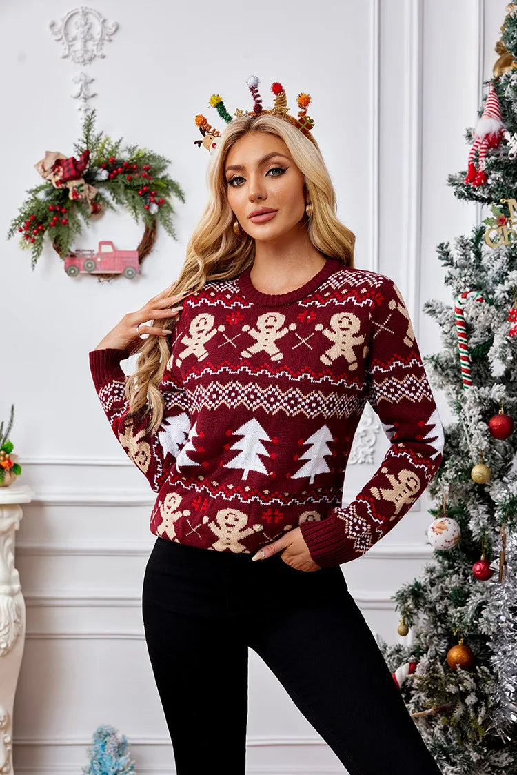 2025New Gingerbread Man Jacquard Long Sleeve Sweater Pullover Casual Top Christmas Sweater