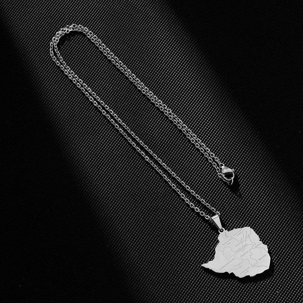2024 new fashion stainless steel Zimbabwe city with map pendant necklace temperament everything collarbone chain birthday annive