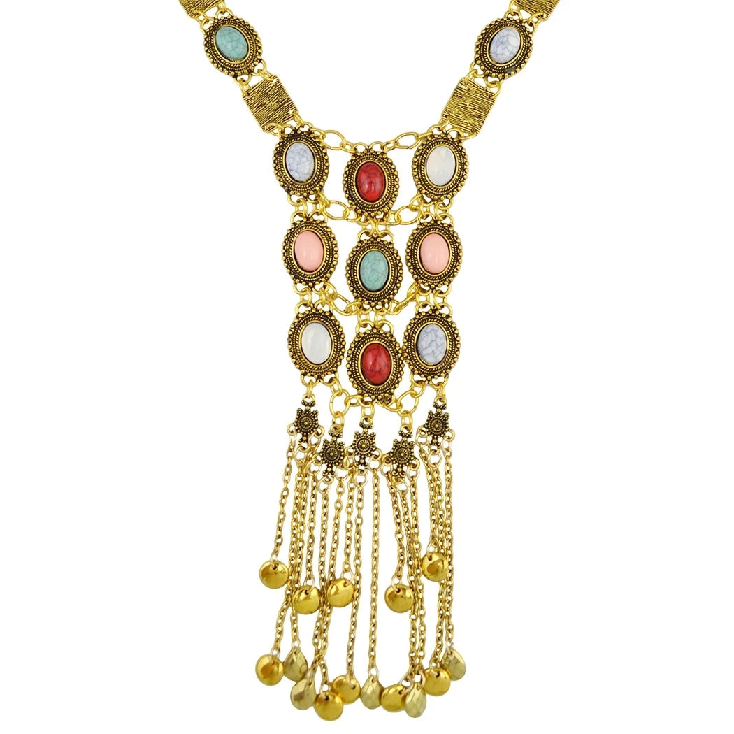 Vintage Silver Plated Gold Plated Chain Bead Stone Long Tassel Pendant Women's Necklace Suitable for Women's Party Jewelry Gifts