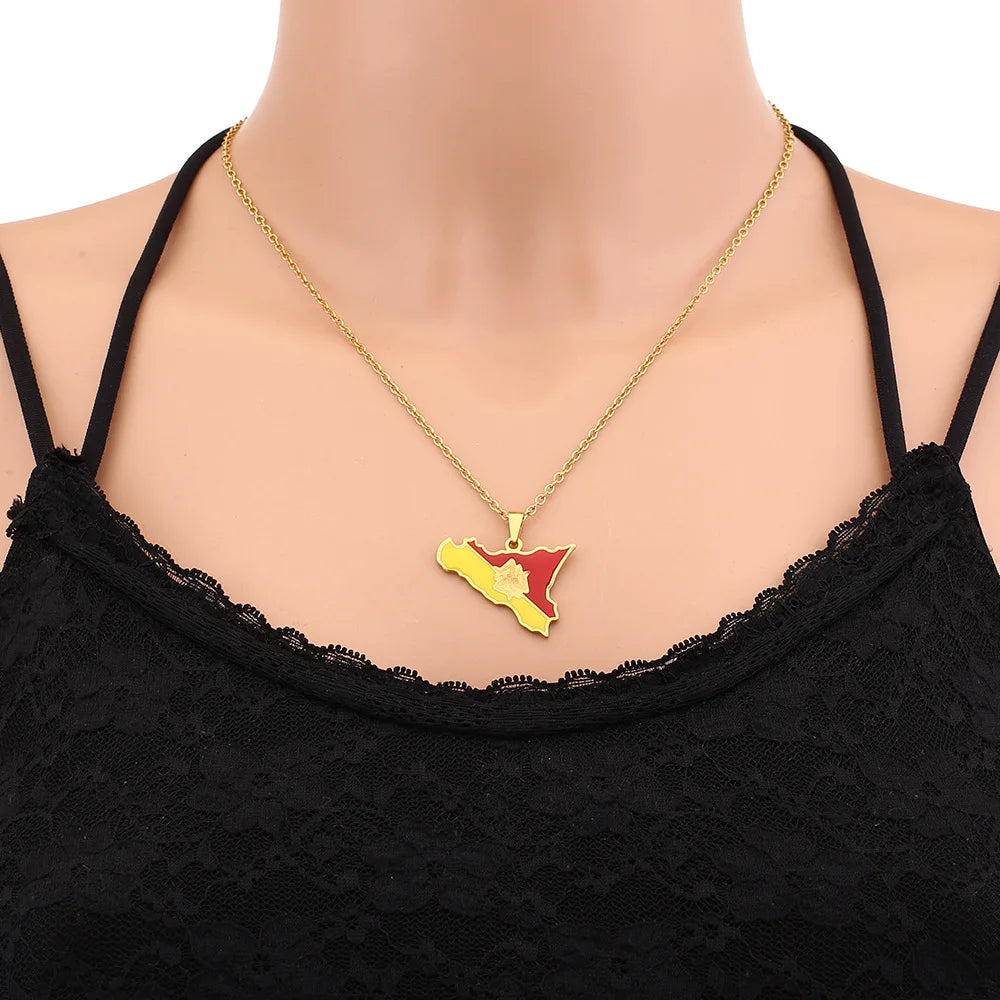 2024 New fashion stainless steel Sicily map and flag necklace for men and women couples ethnic style collarbone chain accessorie