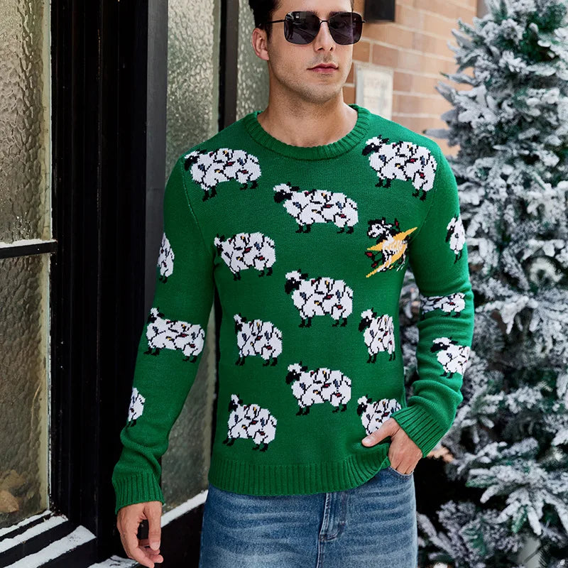 2025 Winter Christmas Men's Knitted Sweater Cartoon Print Full Sleeve O Neck Warm Soft Knitwear Adults Jumper Xmas Look Pullover
