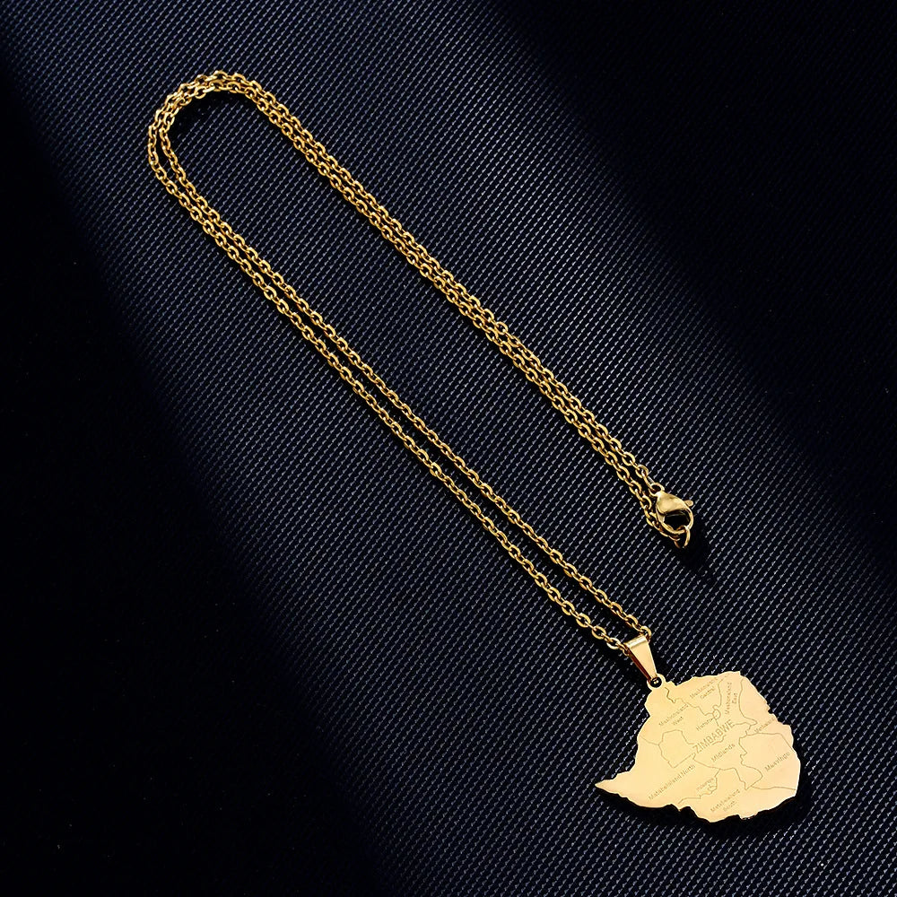 2024 new fashion stainless steel Zimbabwe city with map pendant necklace temperament everything collarbone chain birthday annive