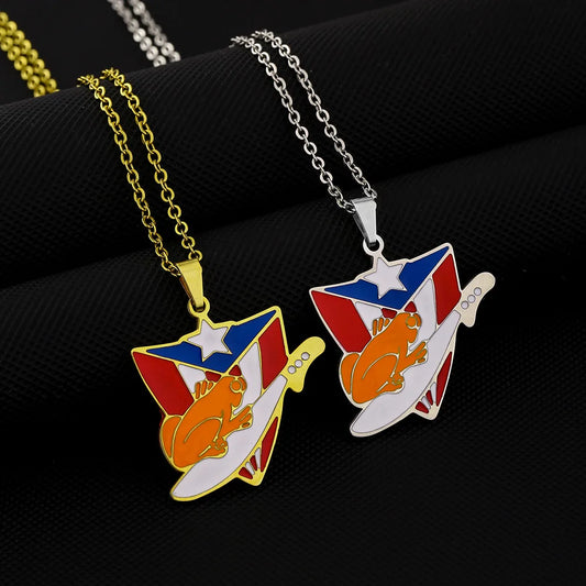 2024 New fashion stainless steel vintage dripping stainless steel Puerto Rico flag pendant necklace temperament everything colla