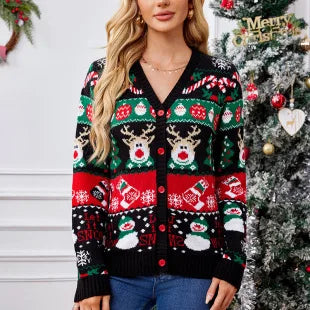 2025Women's Casual Loose Lazy Style Sweater Christmas Tree Color Block Jacquard Christmas Sweater Gift