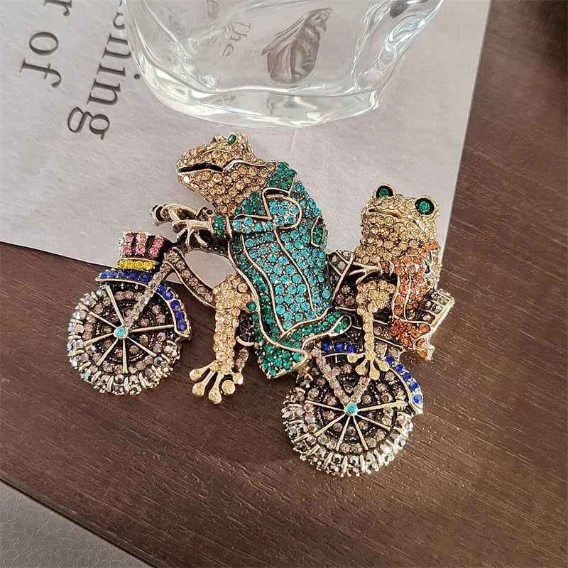 vintage jewelry retro heavy diamond frog prince bicycle brooch women accessories pin