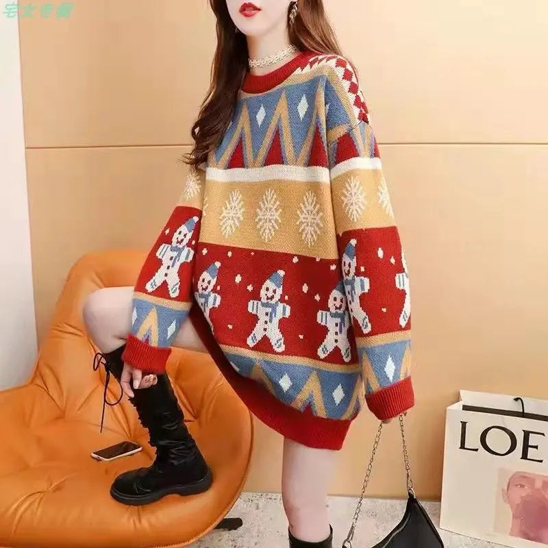 2025 Autumn Winter New Loose Oversized Sweater Women Christmas Snowflake Knitted Longline Thickened Pullover