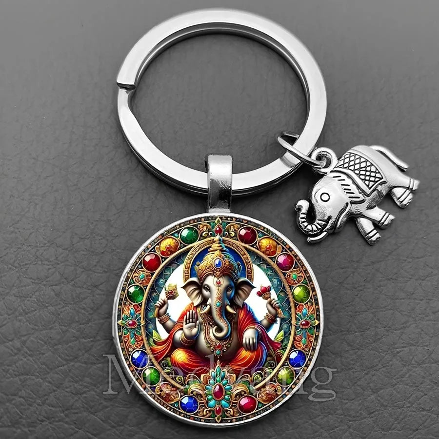 Sacred Elephant Ganesha Keychain Buddha keychain and key ring God Of Wealth Elephant glass key ring men and women bag decoration