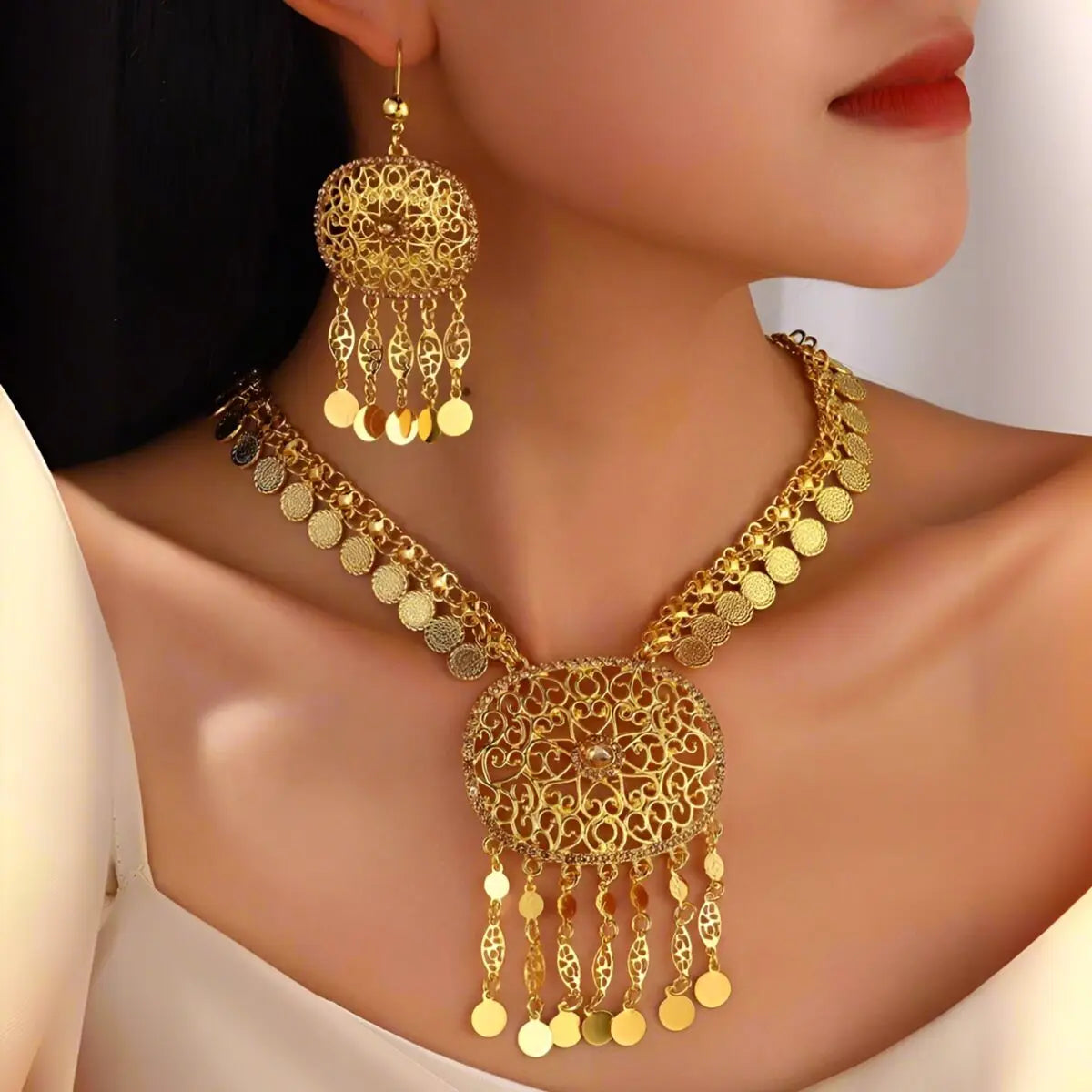 Afghan Fashion Golden Geometric Hollow Carving Rhinestone Coins Tassel Necklaces Earrings Women Kurdish Statement Jewelry Set