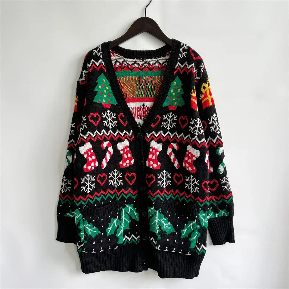 2023 Cross-border Amazon Autumn/winter New Single-breasted V-neck Christmas Theme Knit Sweater Cardigan New Year