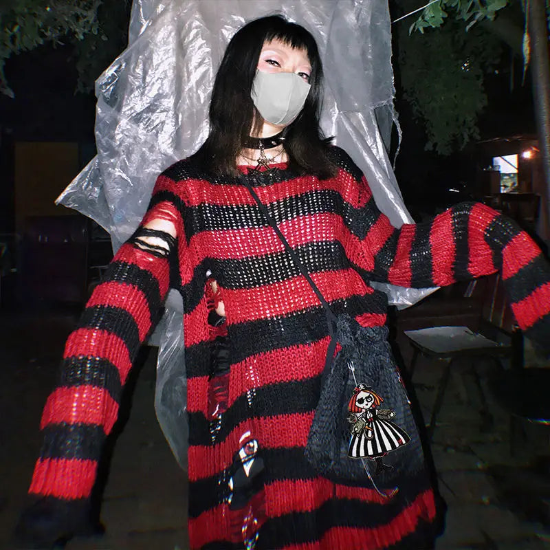 2024 Purple Striped Gothic Sweaters Women Ripped Holes Loose Knitted Pullover Frayed Fairy Grunge Jumpers Emo Streetwear Lolita