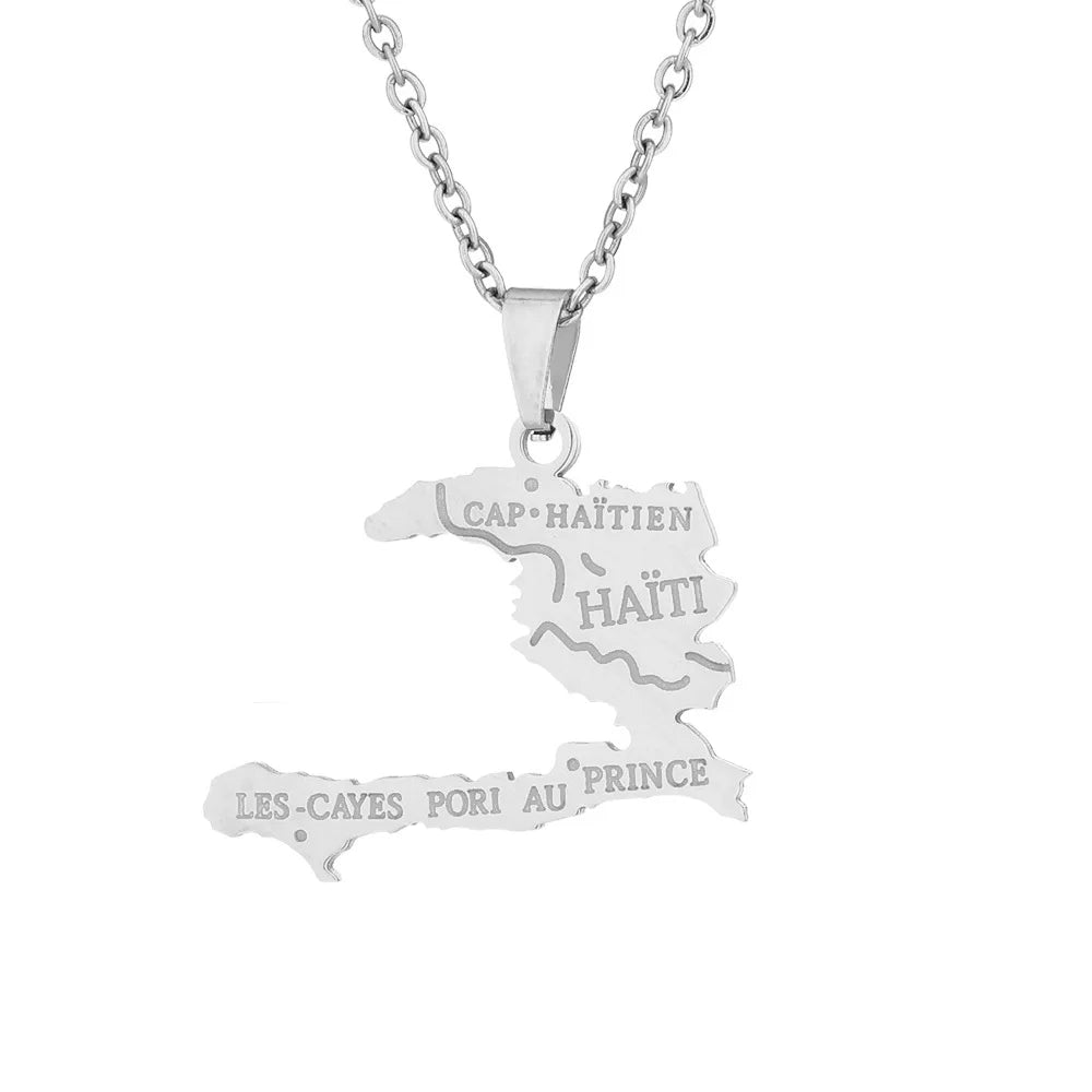 2024 New fashion stainless steel Haiti map pendant necklace for men and women geometric titanium steel pendant ethnic style clav