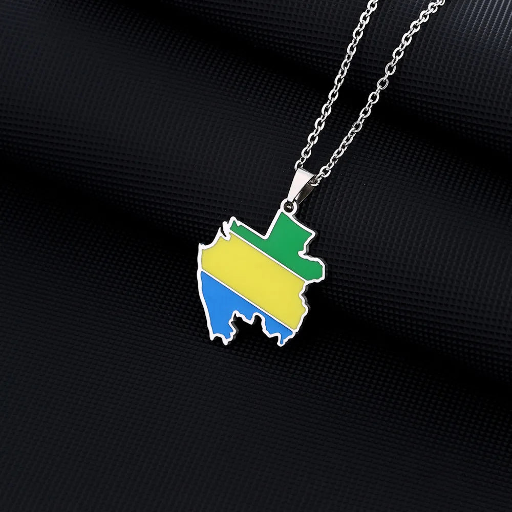 2024 new fashion stainless Gabon map flag pendant necklace temperament everything collarbone chain birthday anniversary gift