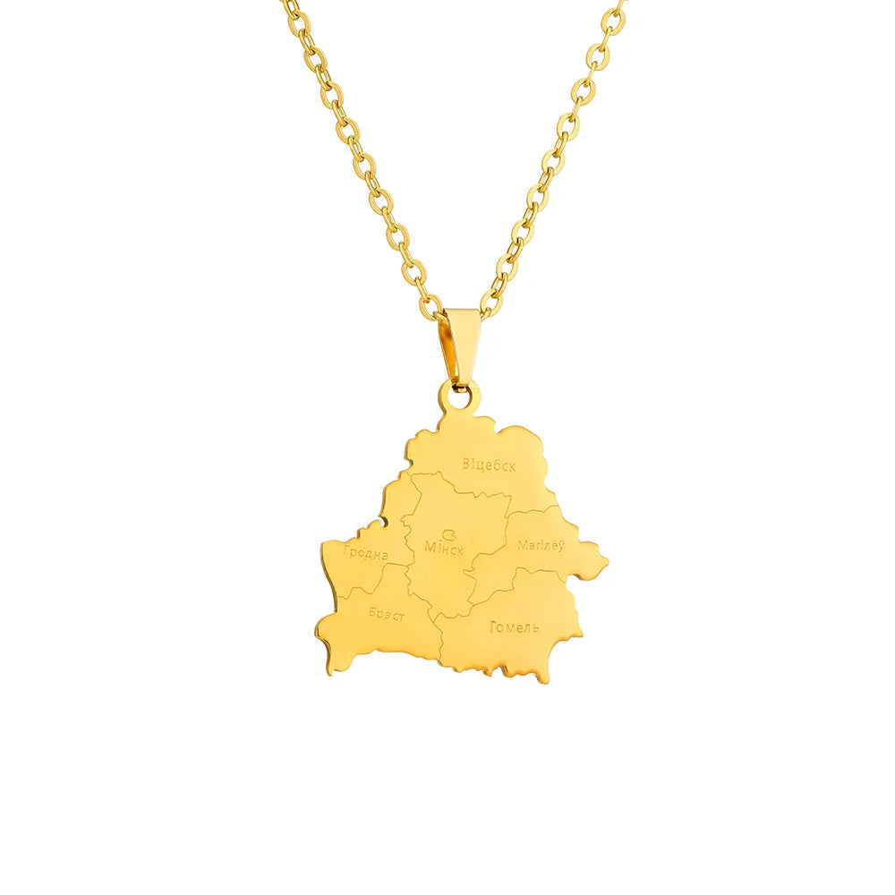 2024 New fashion stainless steel Belarusian map with city necklace for women and men couples ethnic style accessory collarbone c