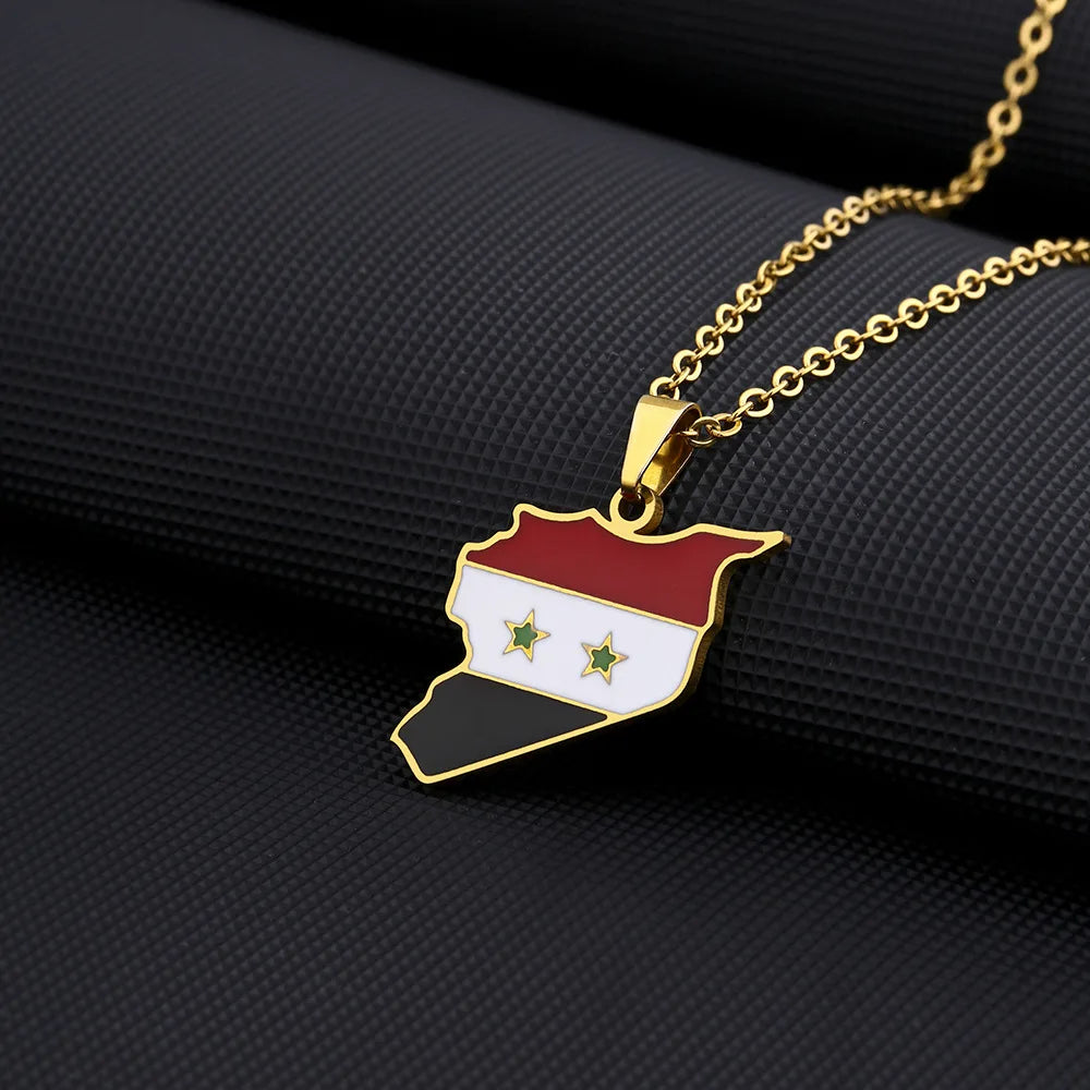 2024 New fashion stainless steel Syria map and flag necklace men's and women's temperament matching couple sweater chain accesso